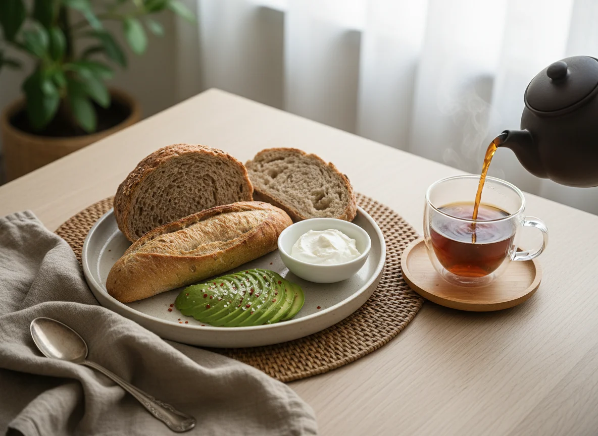 Avocado, Mixed Bread, and Tea photo