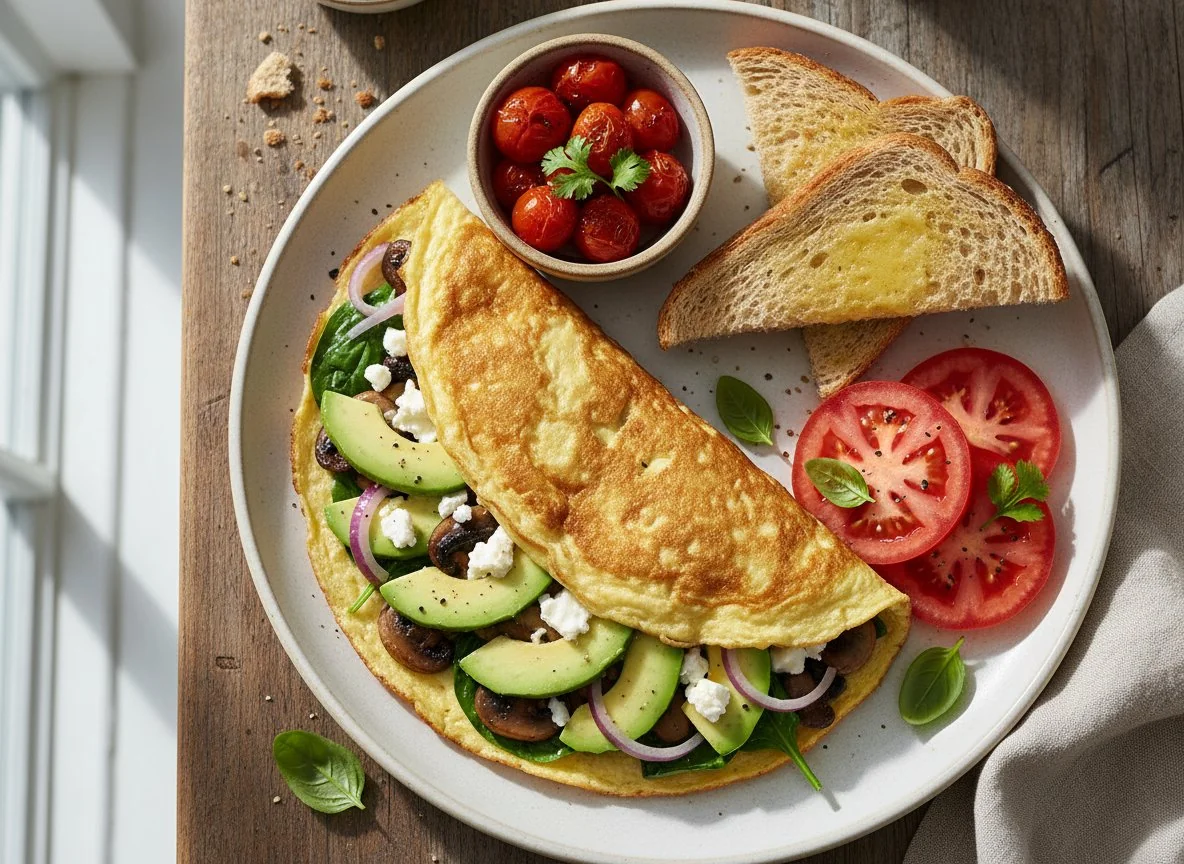 Avocado Omelet with Toast and Tomatoes photo