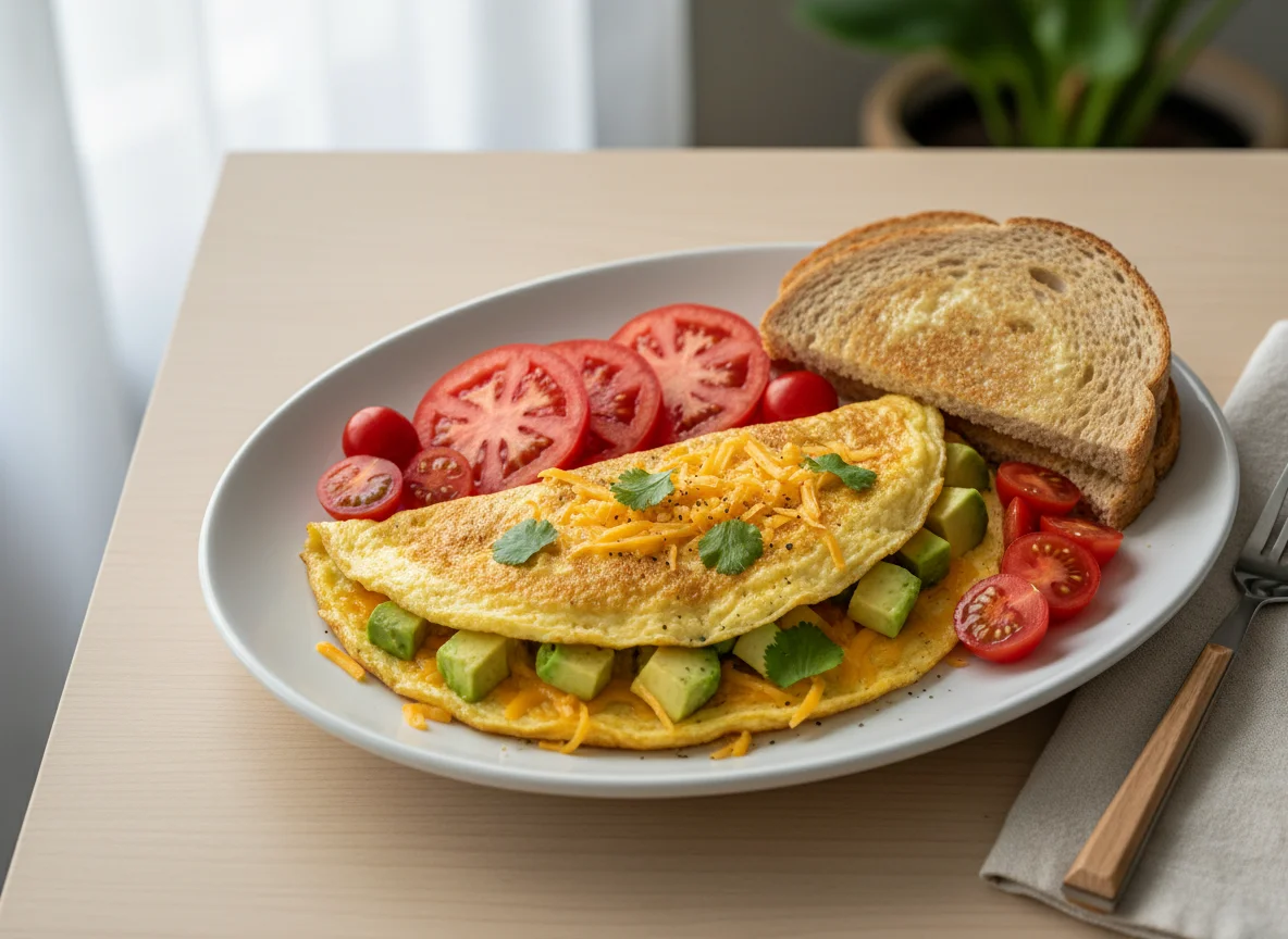 Avocado Omelette with Toast and Tomatoes photo