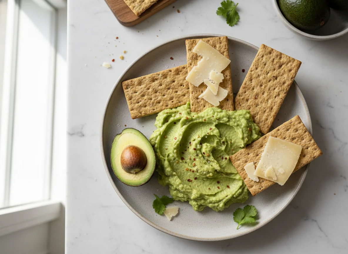 Avocado spread with crispbread and cheese photo