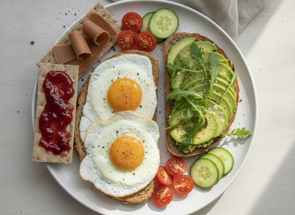 Avocado Toast and Fried Eggs with Crispbread photo