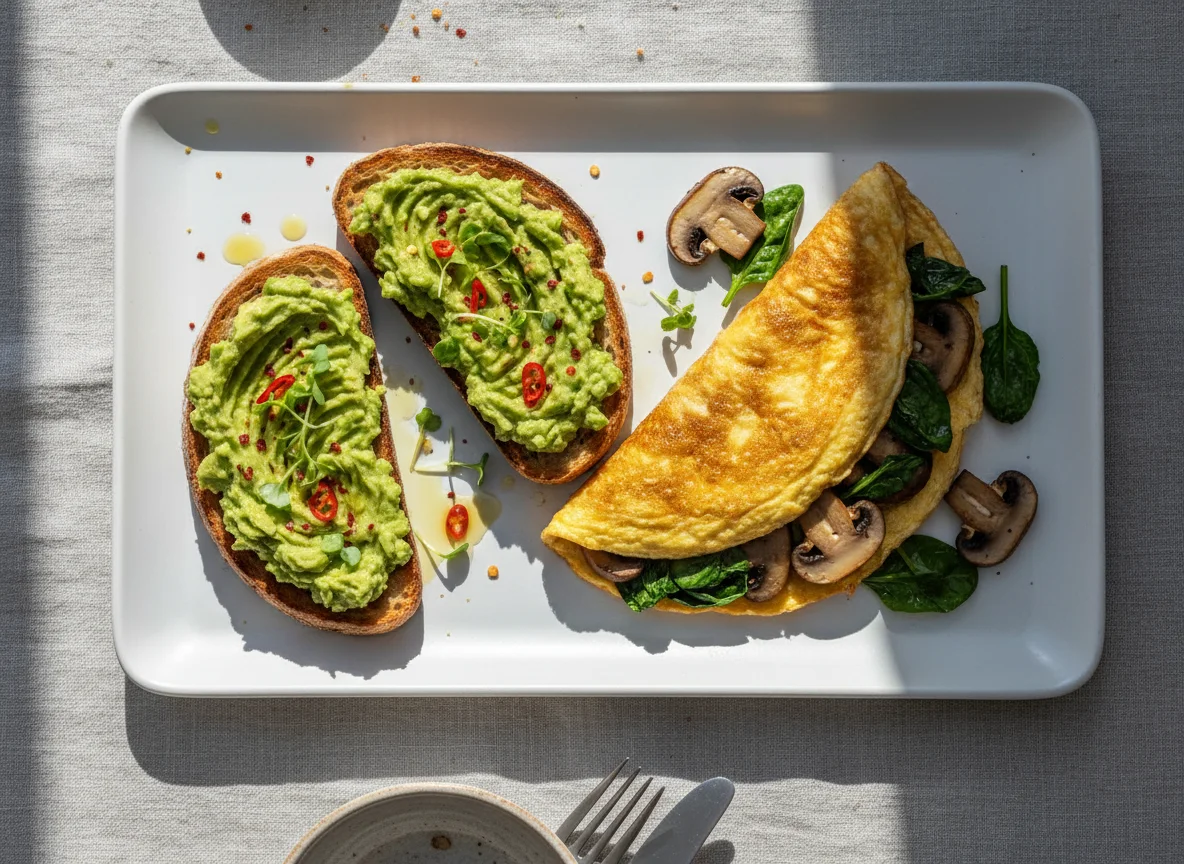 Avocado Toast and Mushroom Omelette photo
