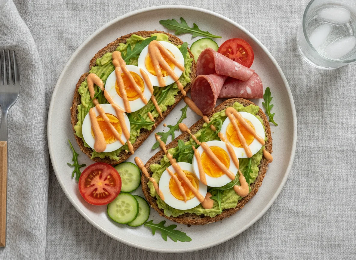 Avocado Toast with Boiled Eggs and Cold Cuts photo
