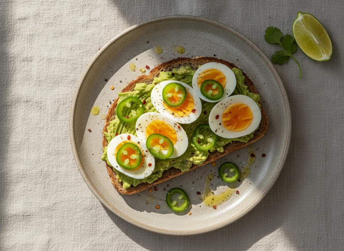 Avocado toast with boiled eggs and jalapeños photo