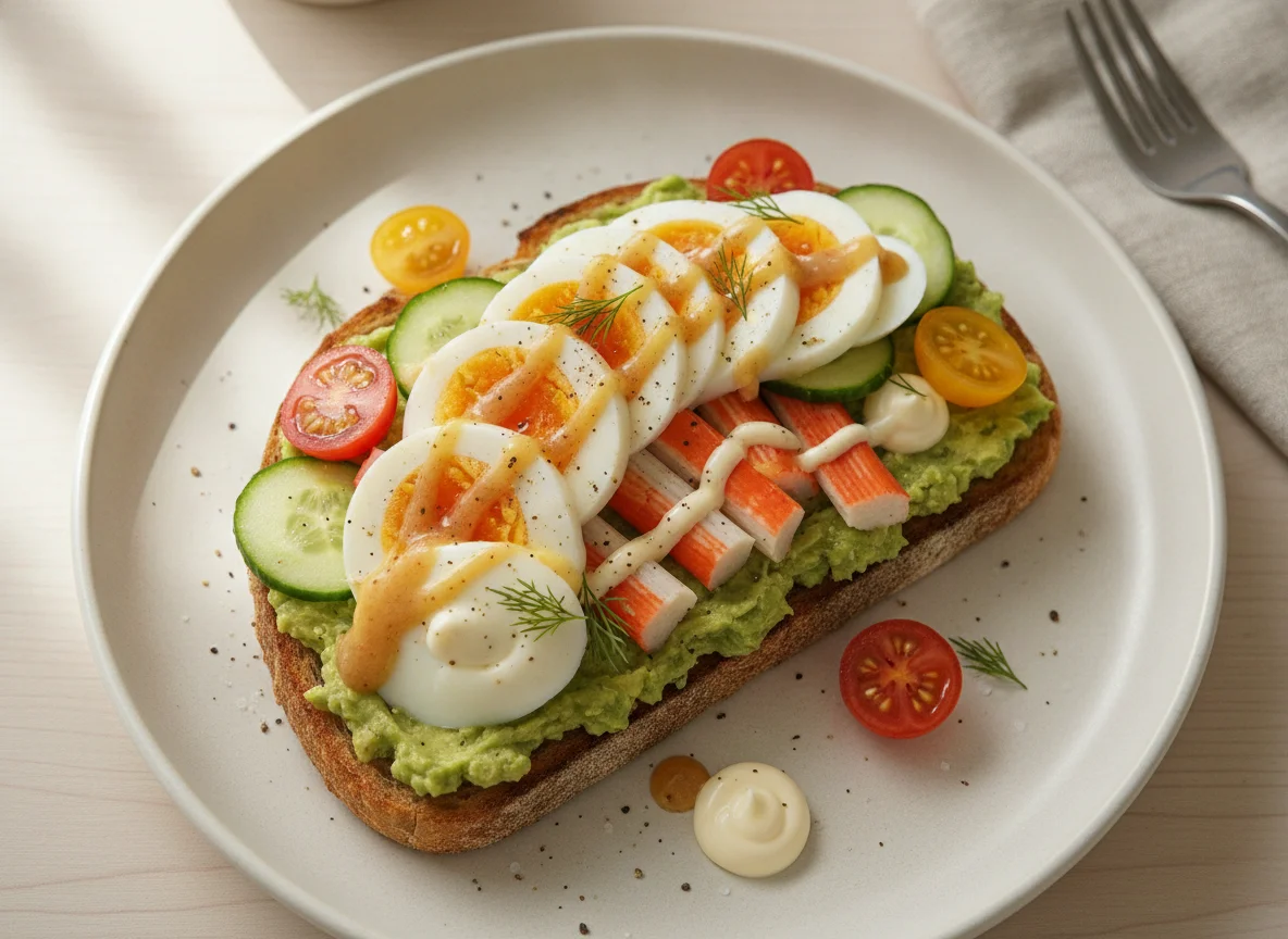 Avocado toast with boiled eggs, surimi, and vegetables photo