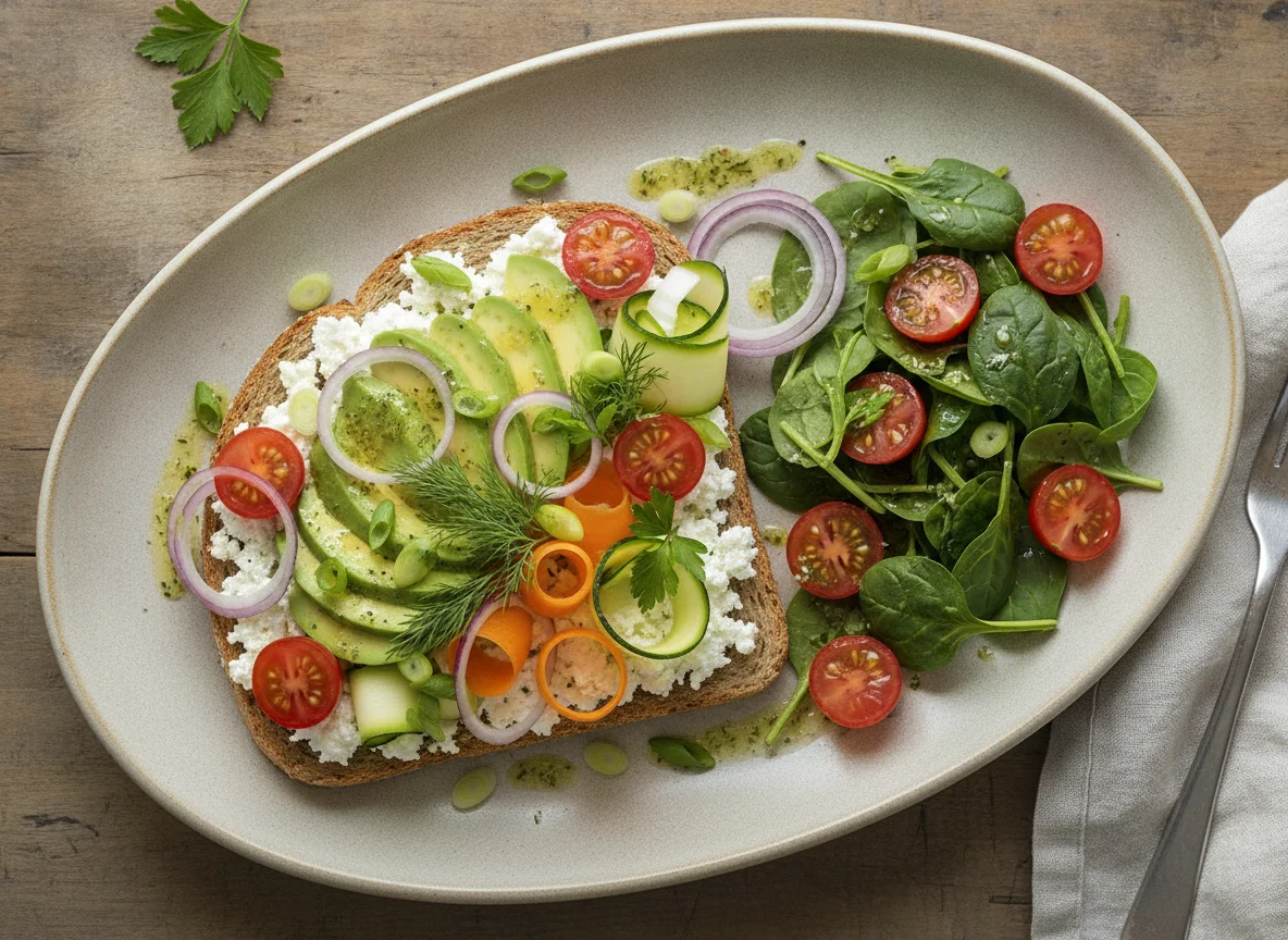 Avocado Toast with Cottage Cheese and Salad photo