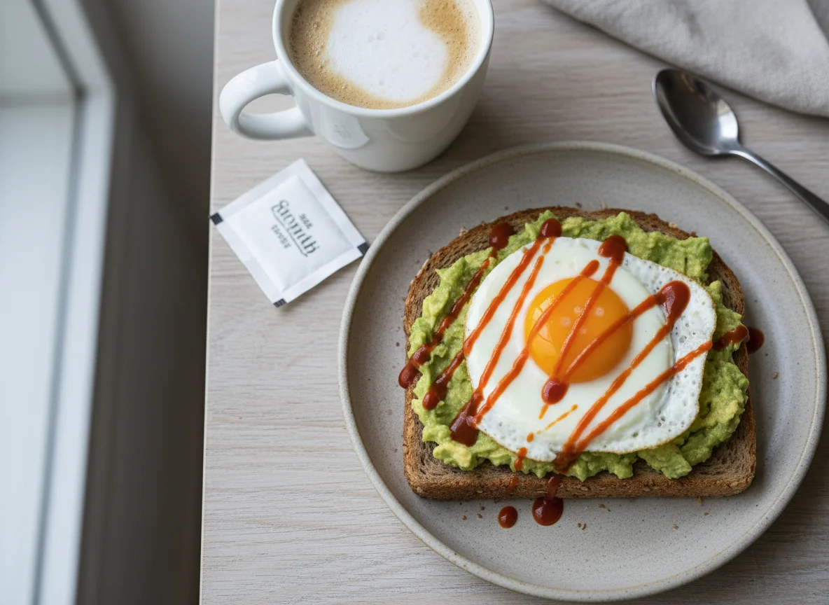 Avocado toast with egg and coffee photo