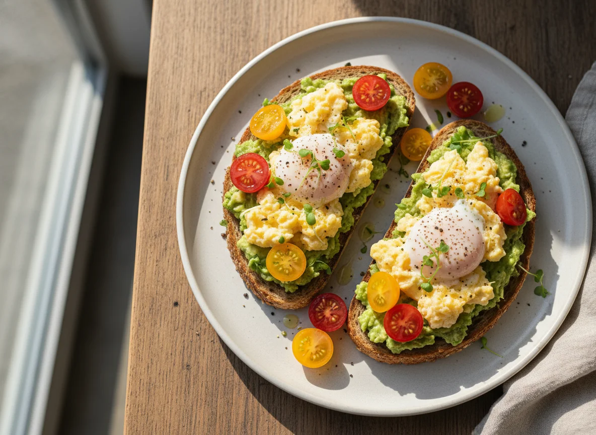 Avocado Toast with Eggs and Cherry Tomatoes photo