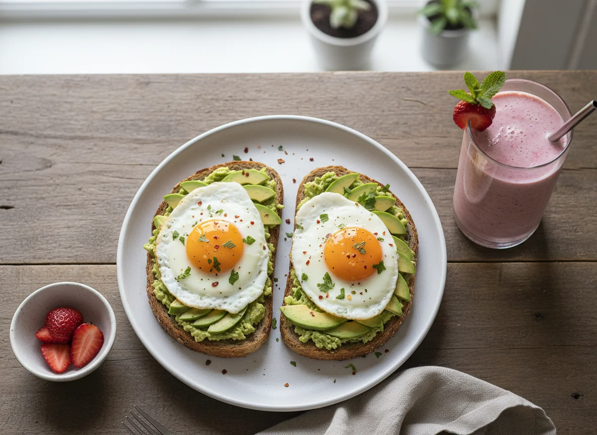 Avocado Toast with Eggs and Smoothie photo