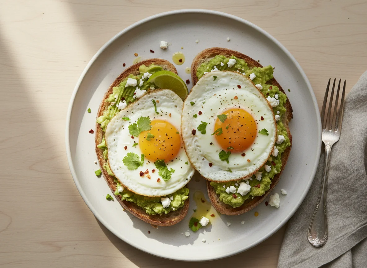 Avocado Toast with Feta and Fried Eggs photo