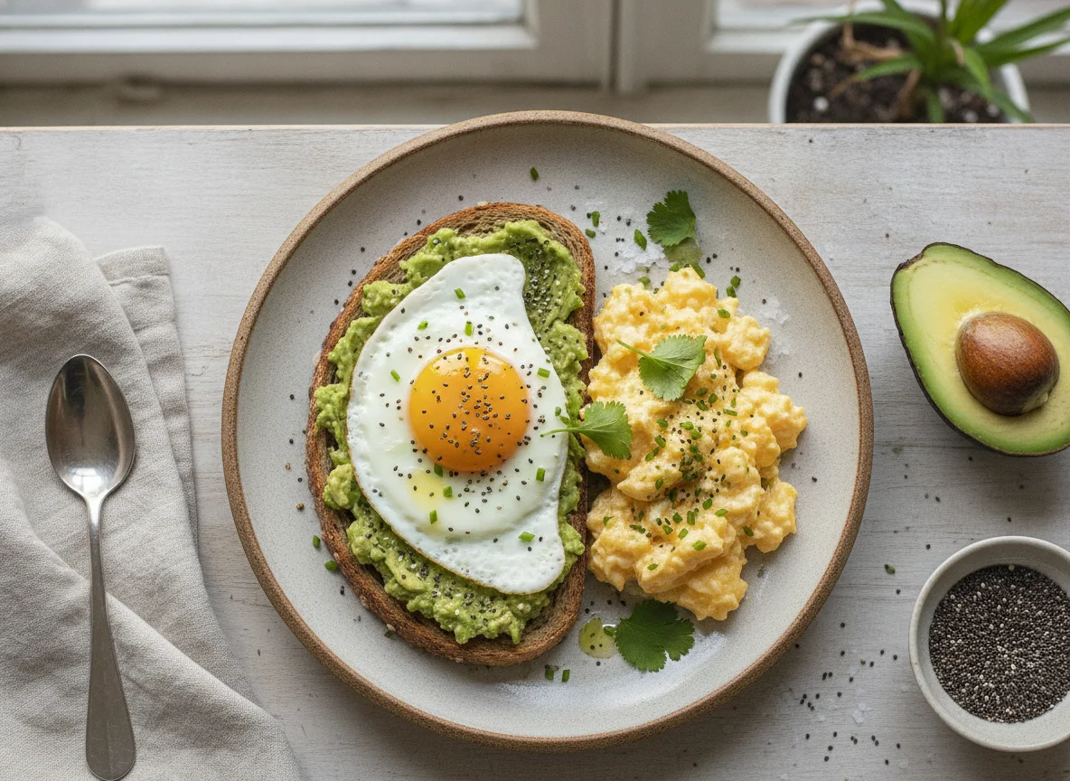 Avocado toast with fried and scrambled eggs photo