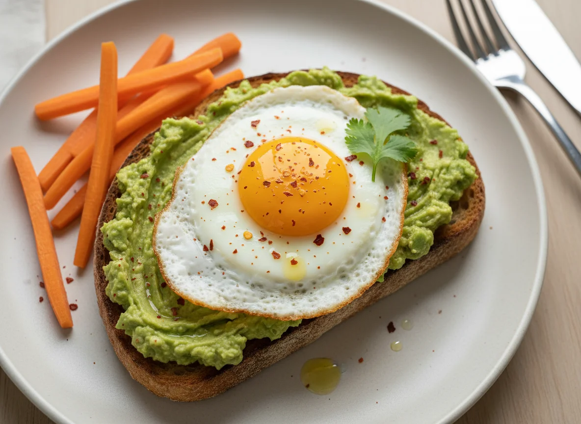 Avocado Toast with Fried Egg and Carrots photo