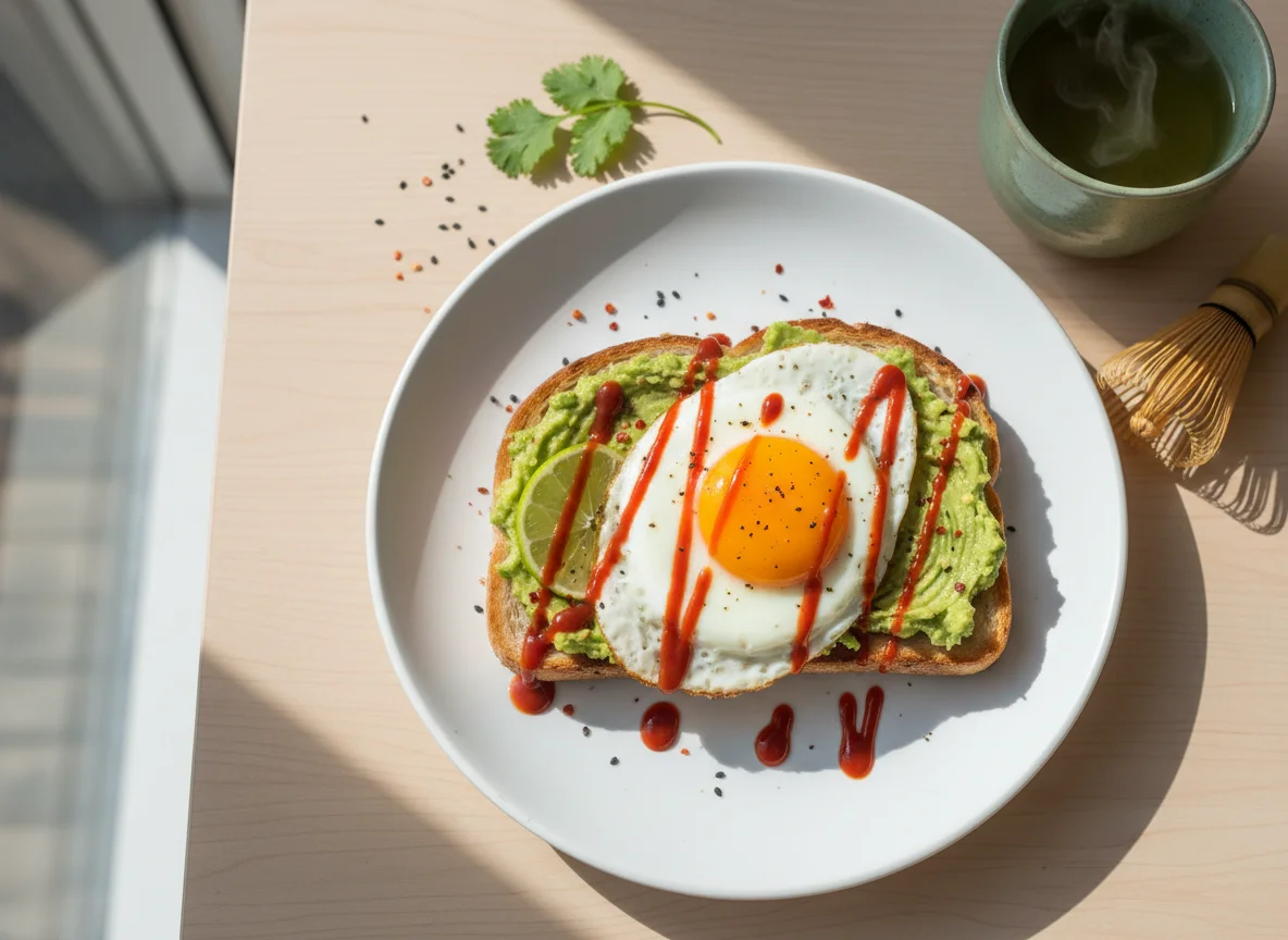 Avocado Toast with Fried Egg and Hot Sauce, with Green Tea photo