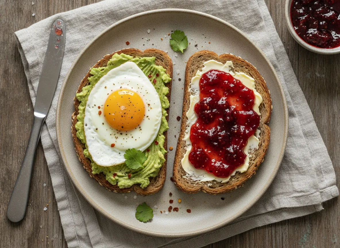 Avocado Toast with Fried Egg and Jam Toast photo
