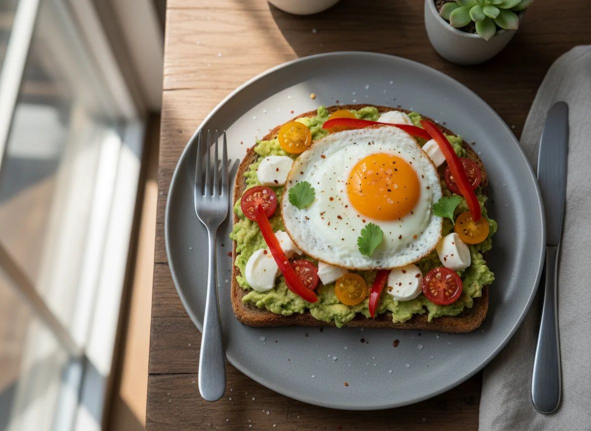 Avocado Toast with Fried Egg and Vegetables photo