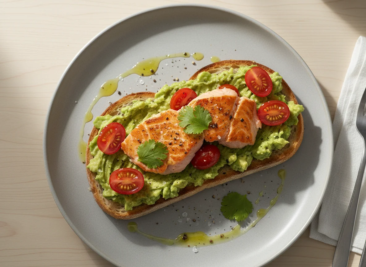 Avocado Toast with Grilled Salmon and Tomatoes photo