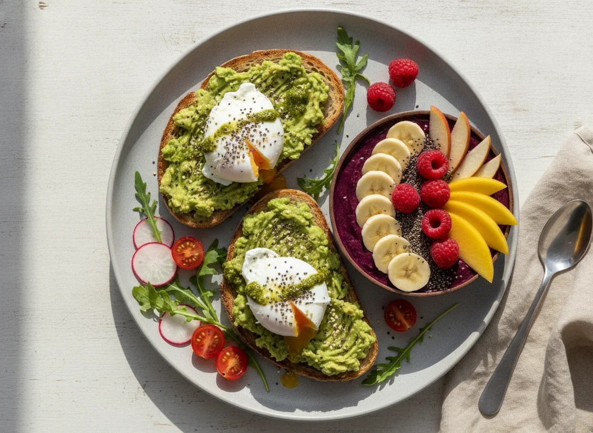 Avocado Toast with Poached Eggs and Acai Fruit Bowl photo