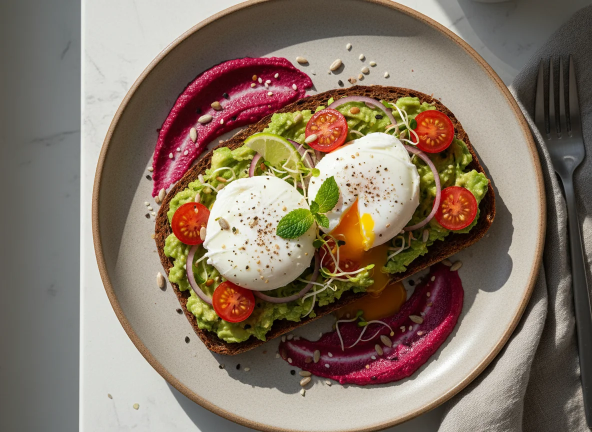 Avocado Toast with Poached Eggs and Beetroot Hummus photo