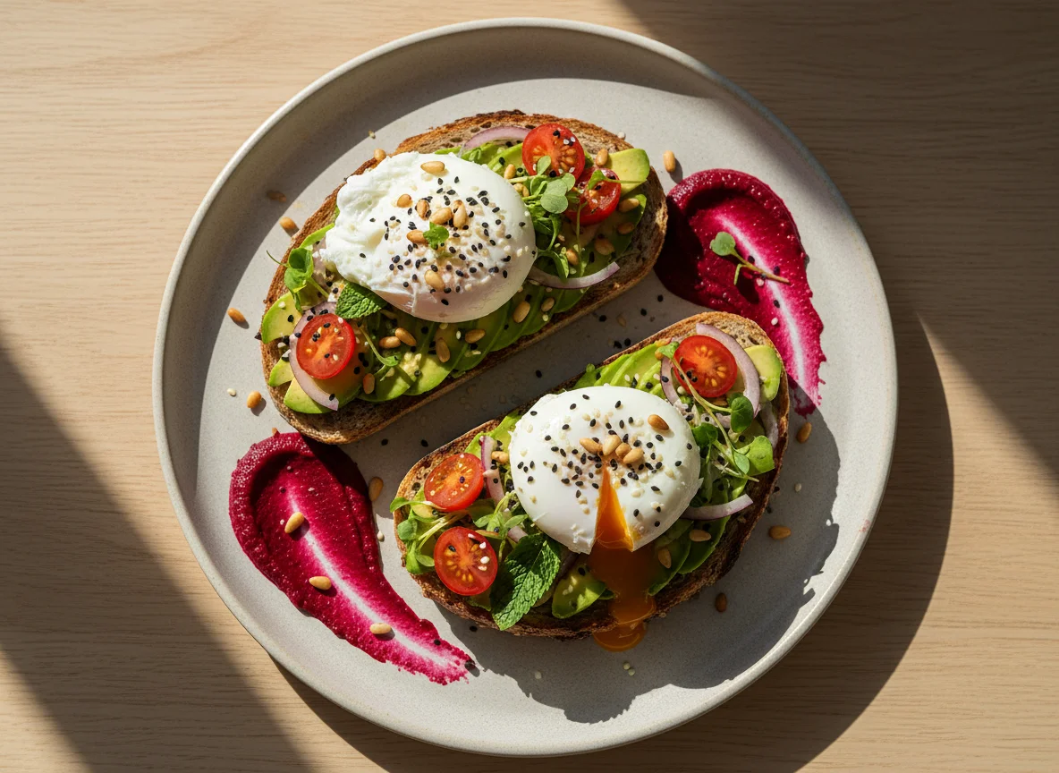 Avocado Toast with Poached Eggs and Beetroot Puree photo