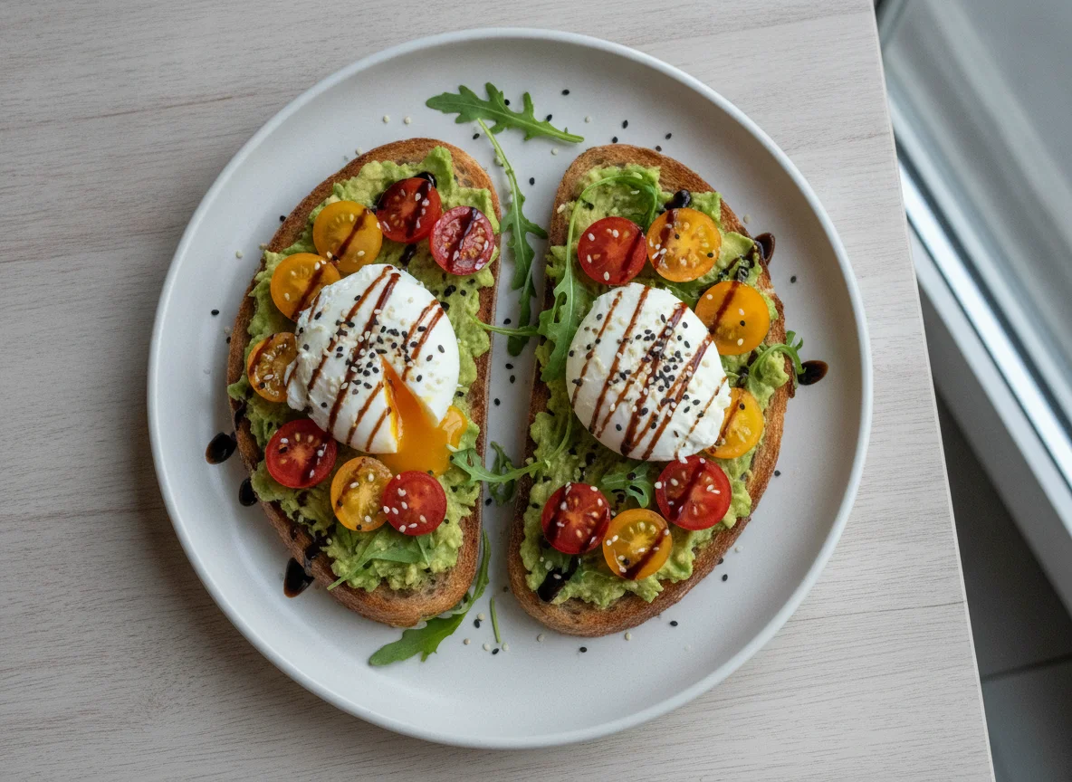 Avocado Toast with Poached Eggs and Cherry Tomatoes photo