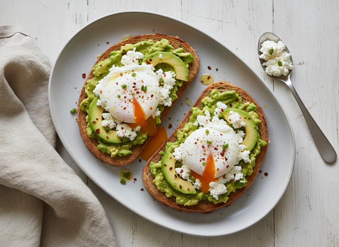 Avocado Toast with Poached Eggs and Cottage Cheese photo