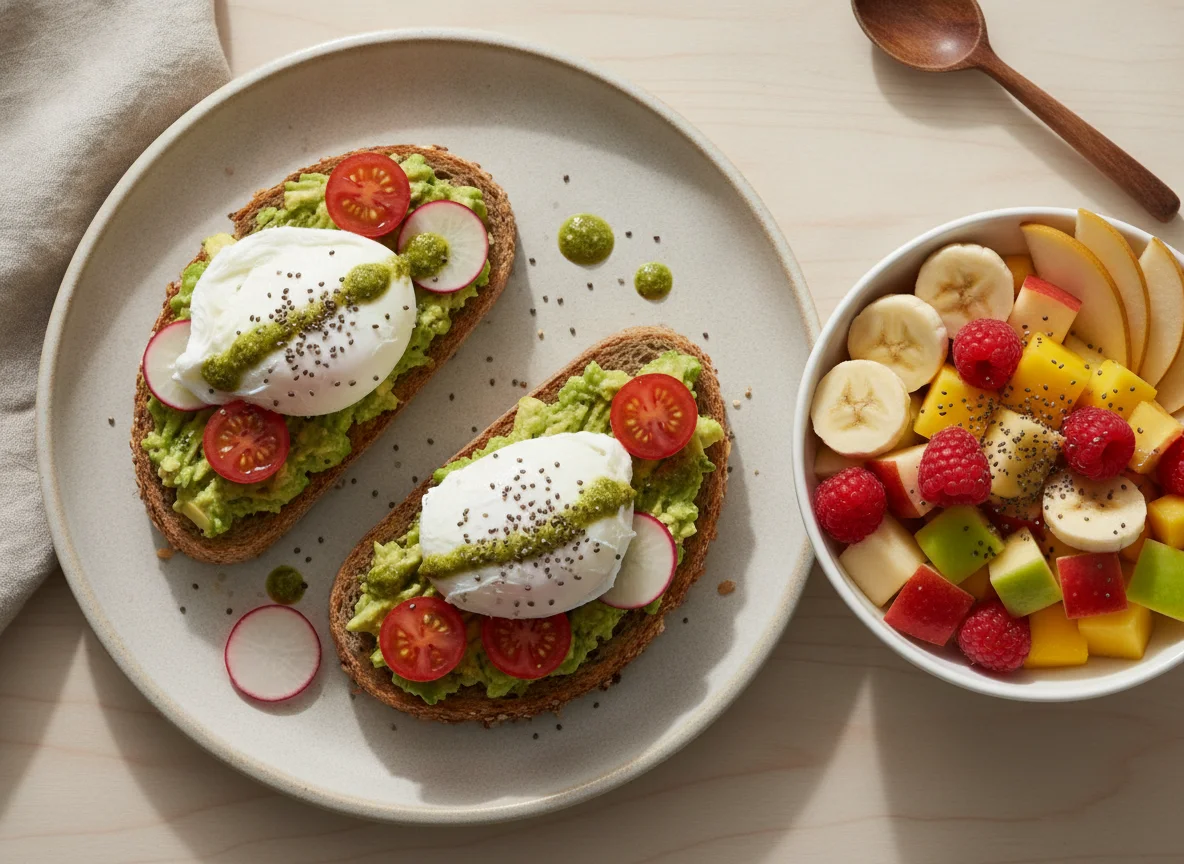 Avocado Toast with Poached Eggs and Fruit Bowl photo