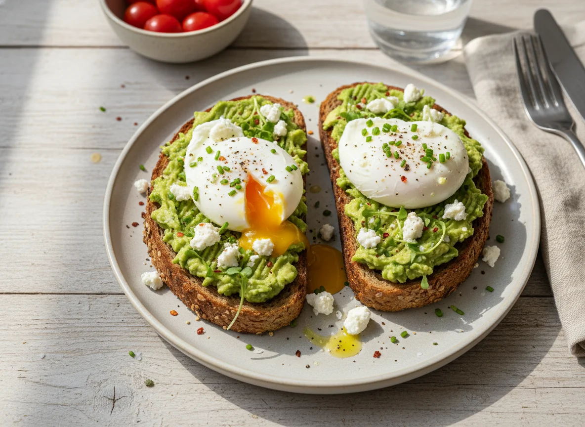 Avocado Toast with Poached Eggs and Goat Cheese photo