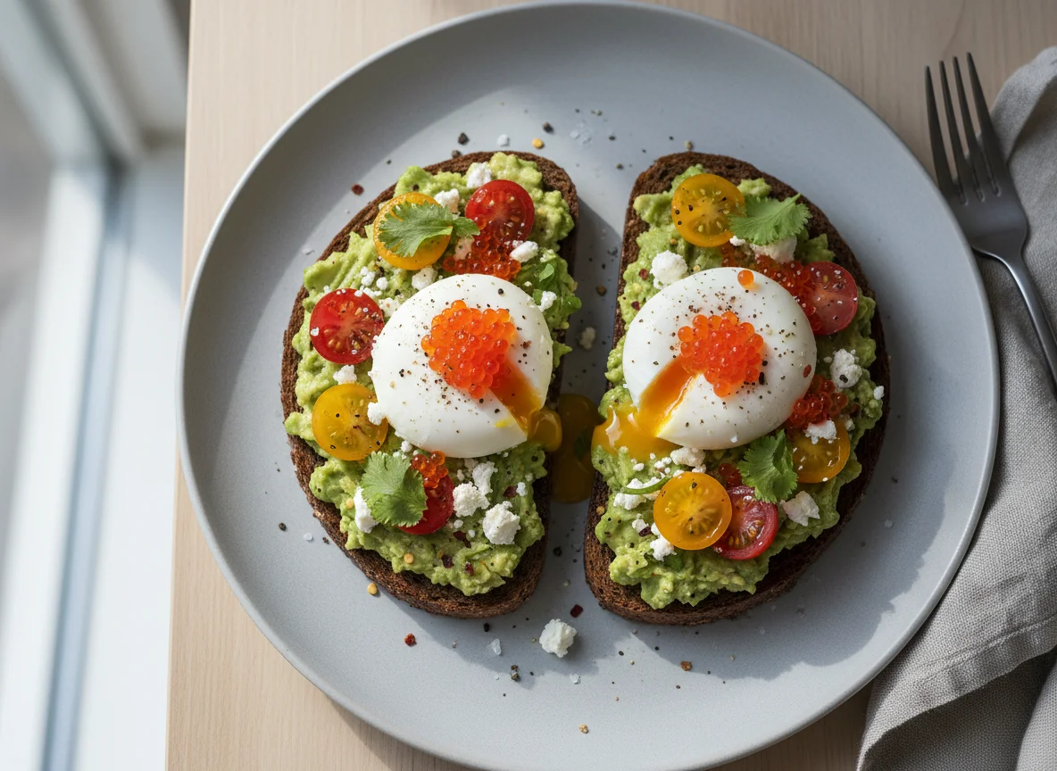 Avocado Toast with Poached Eggs and Roe photo