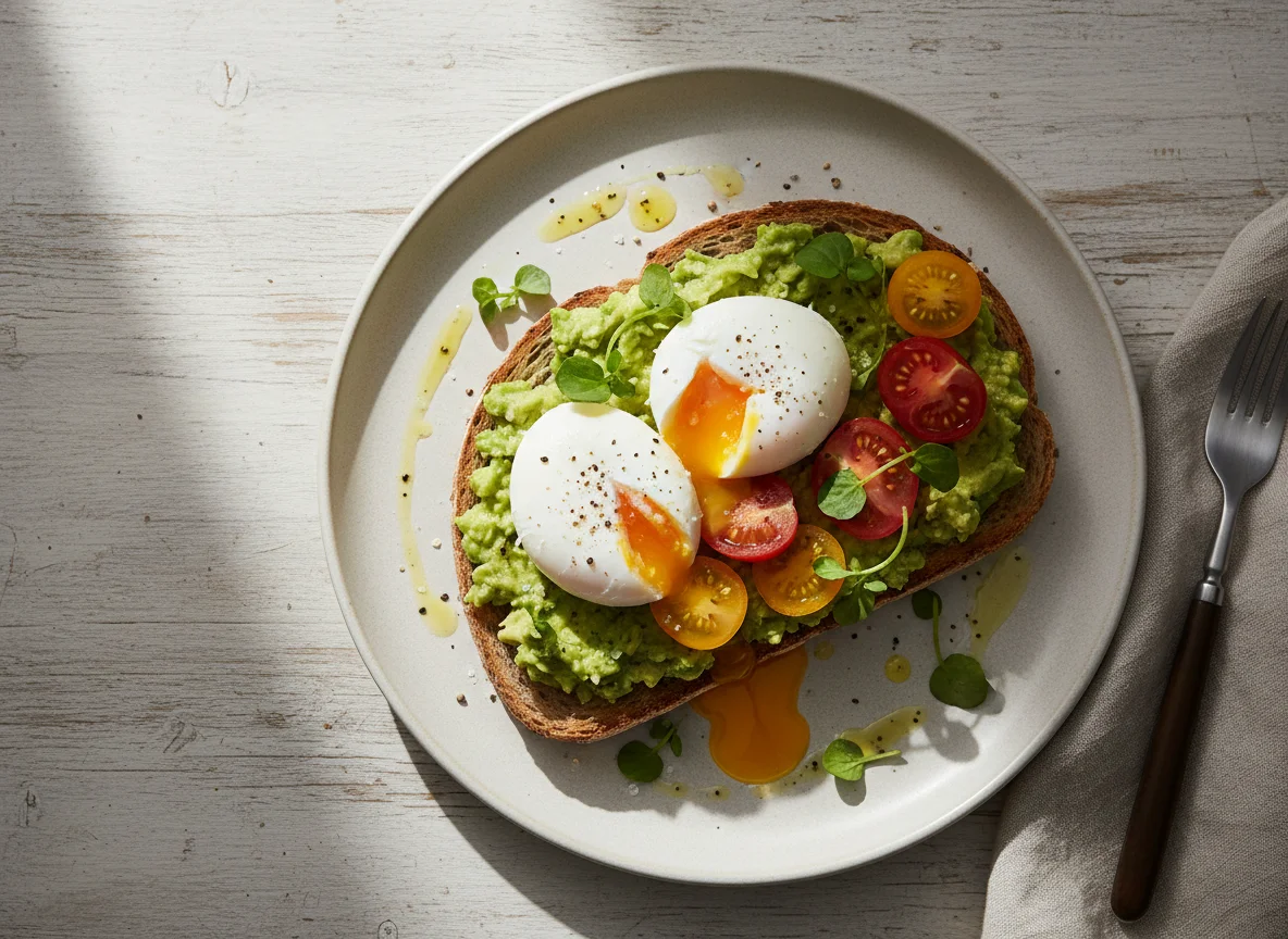 Avocado Toast with Poached Eggs and Tomato photo