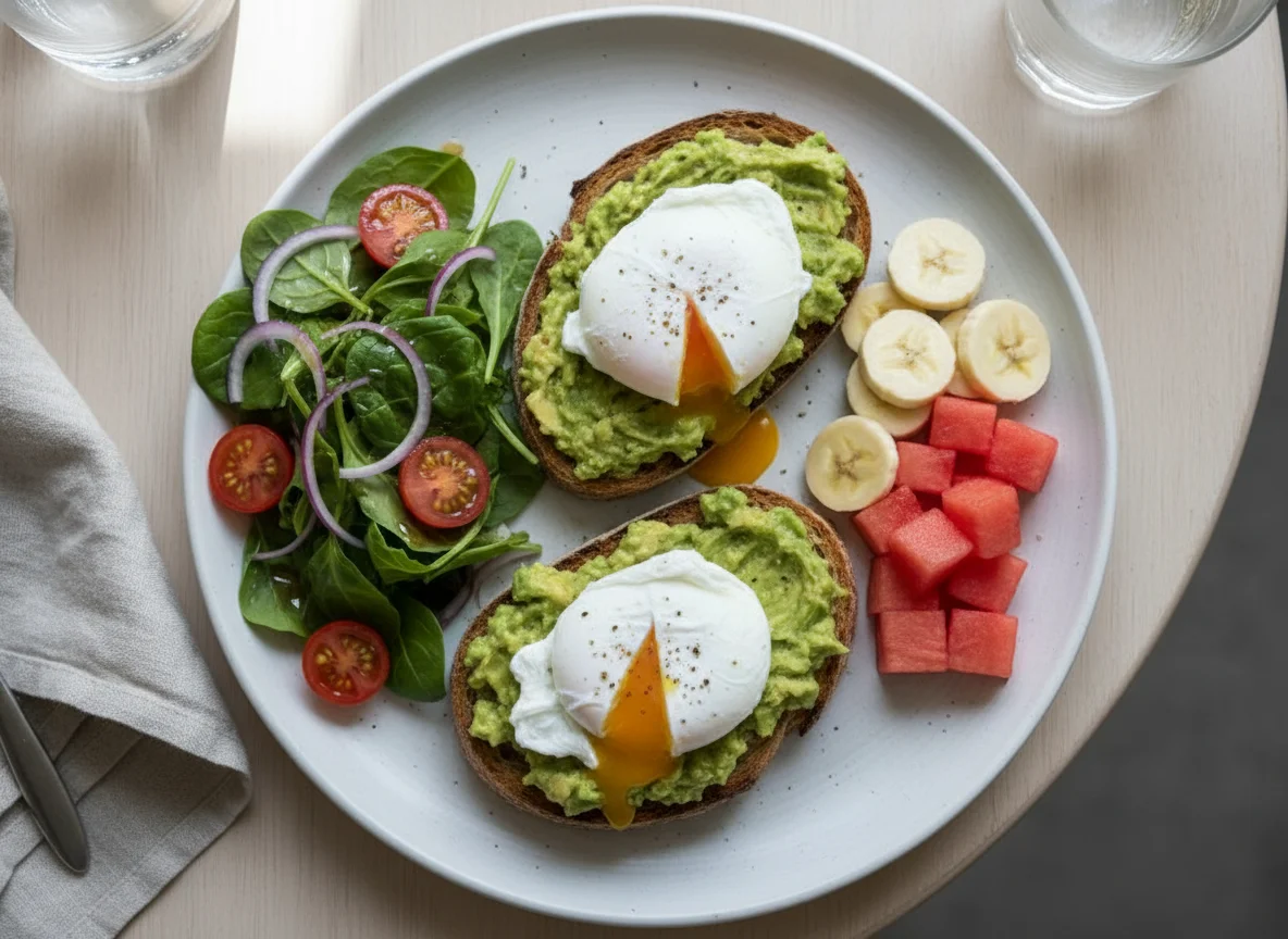 Avocado Toast with Poached Eggs, Side Salad and Fruit photo