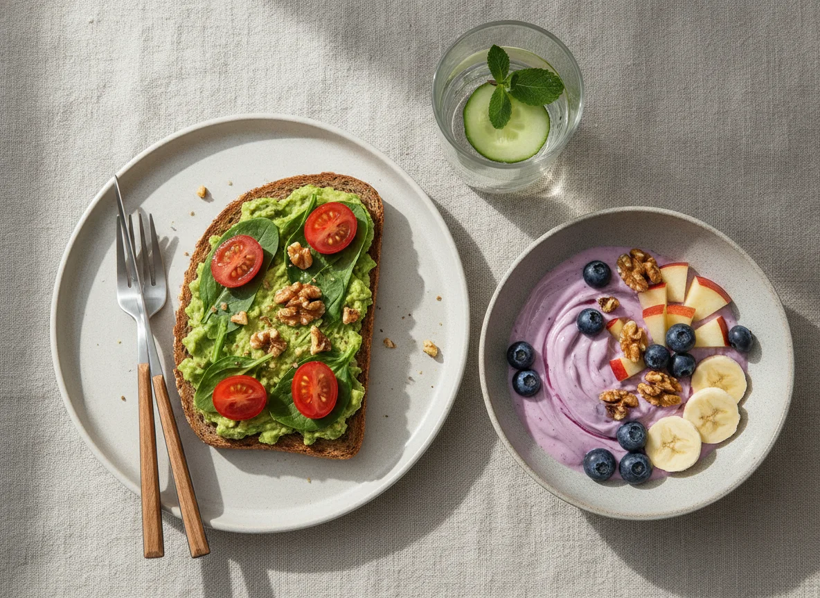 Avocado toast with salad and fruit bowl with yogurt photo