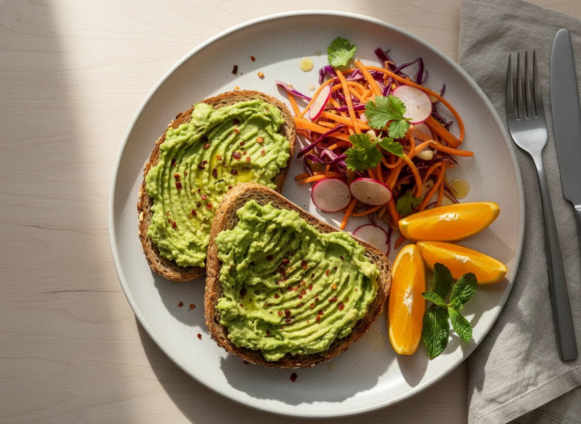 Avocado Toast with Salad and Orange Slices photo