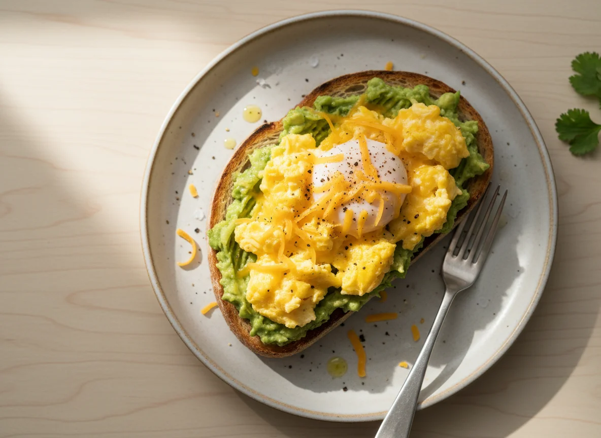 Avocado Toast with Scrambled Eggs and Cheese photo