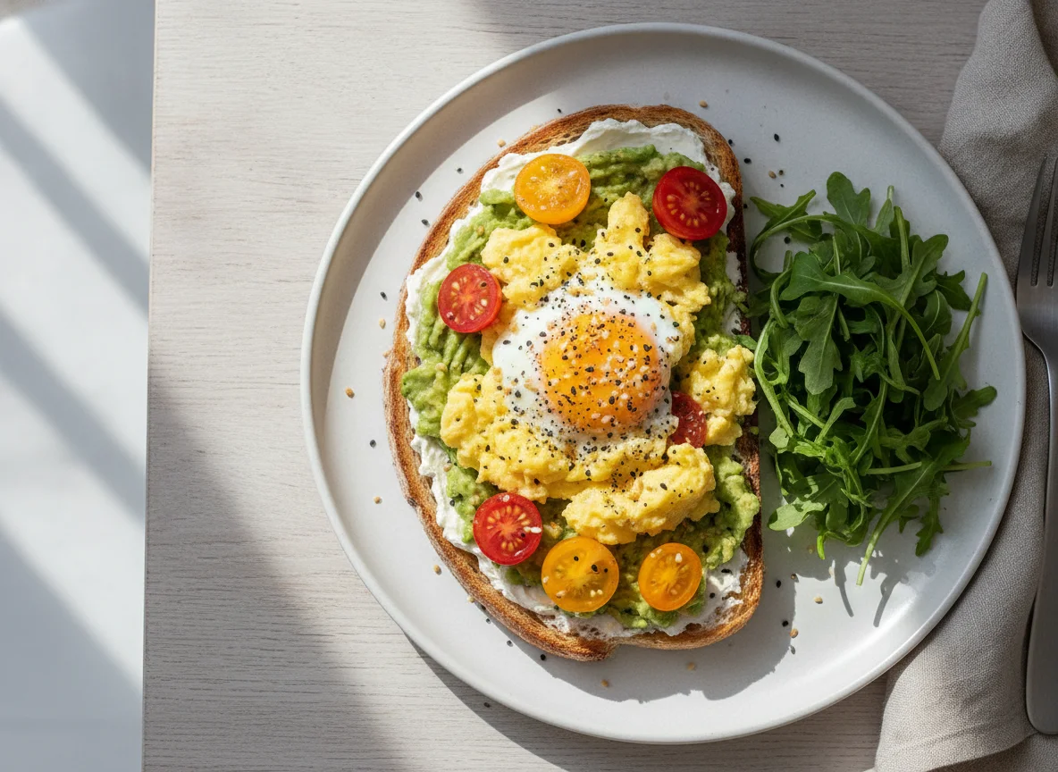Avocado Toast with Scrambled Eggs and Cherry Tomatoes photo