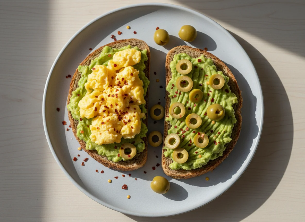 Avocado Toast with Scrambled Eggs and Olives photo