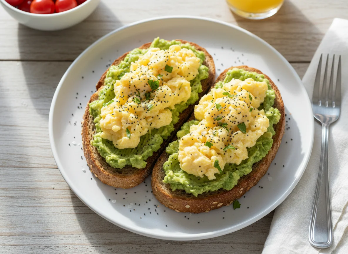 Avocado Toast with Scrambled Eggs and Poppy Seeds photo