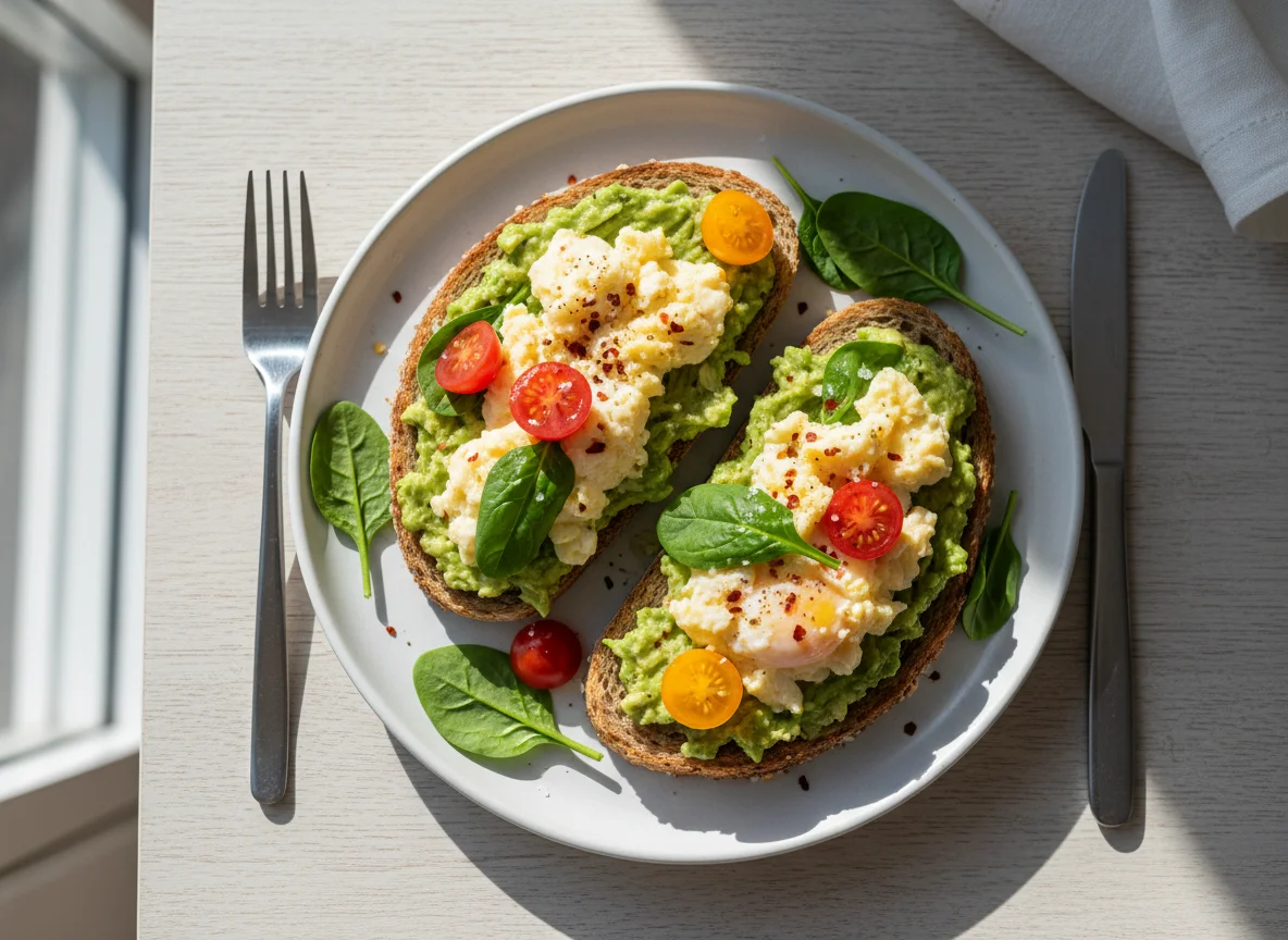 Avocado Toast with Scrambled Eggs and Tomatoes photo