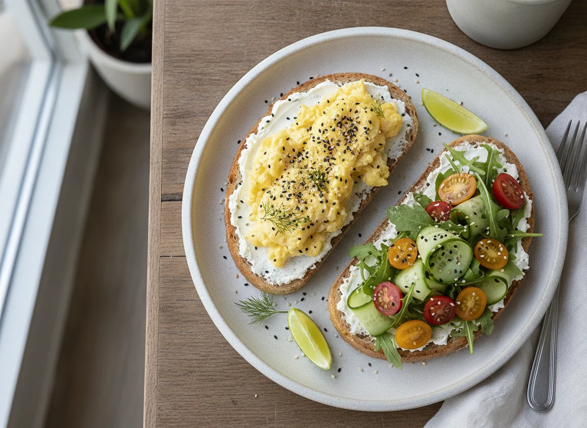 Avocado Toast with Scrambled Eggs and Vegetables photo