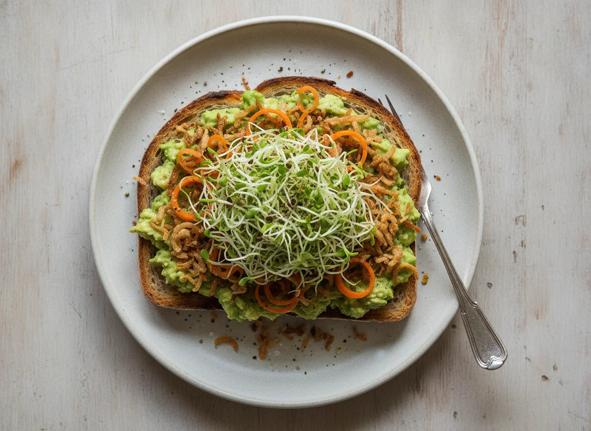 Avocado Toast with Sprouts and Crispy Toppings photo