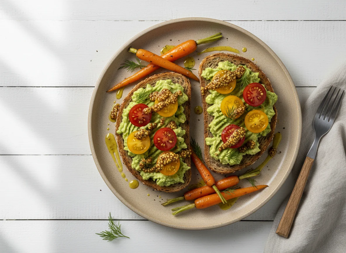 Avocado Toast with Tomatoes and Mustard, with Baby Carrots photo