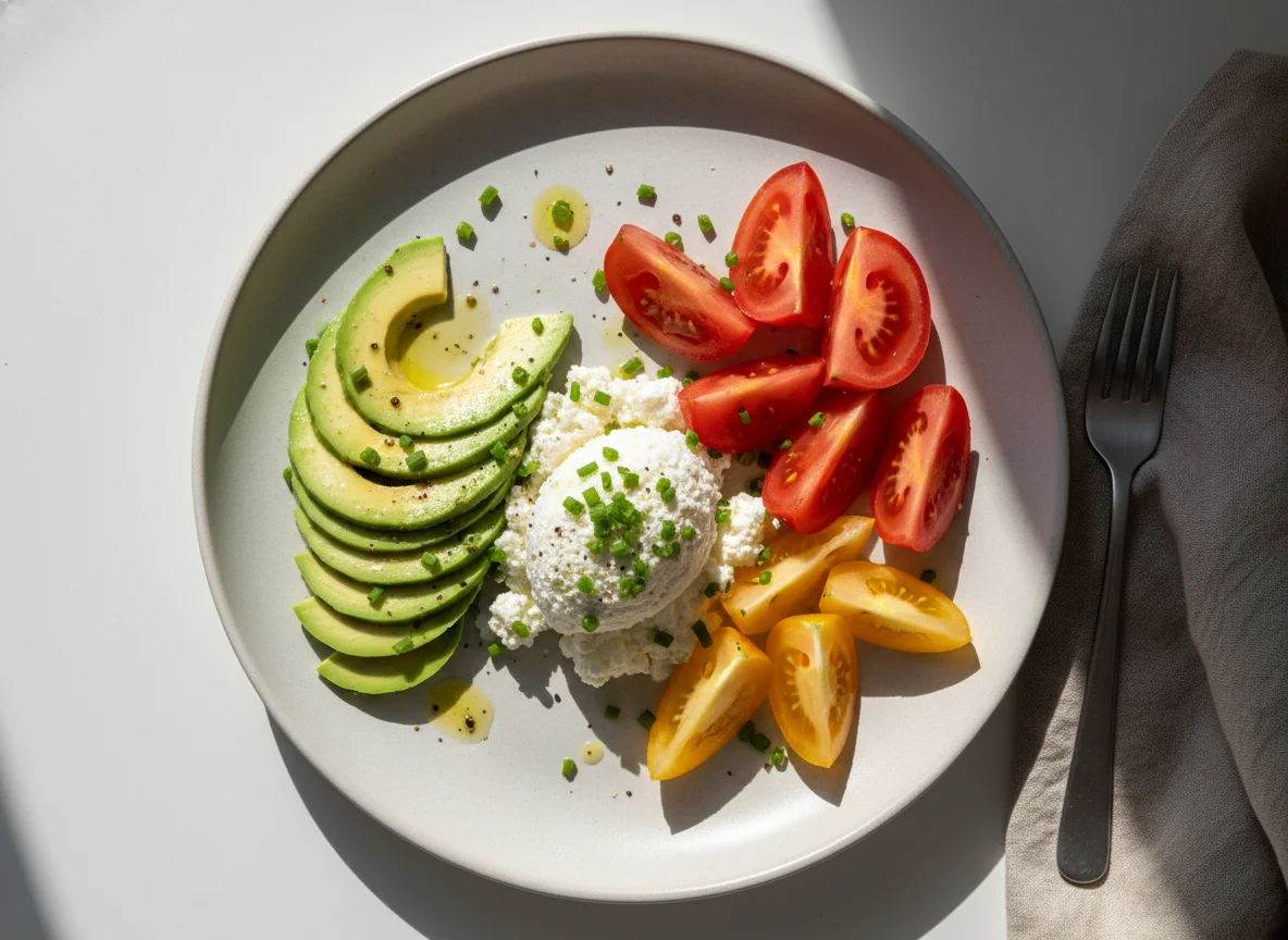 Avocado, Tomato, and Cottage Cheese Plate photo