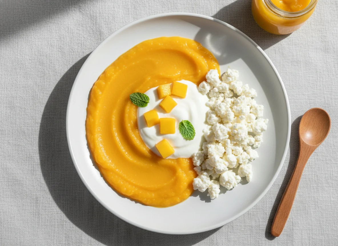 Baby food with fruit puree, yogurt, and cottage cheese photo