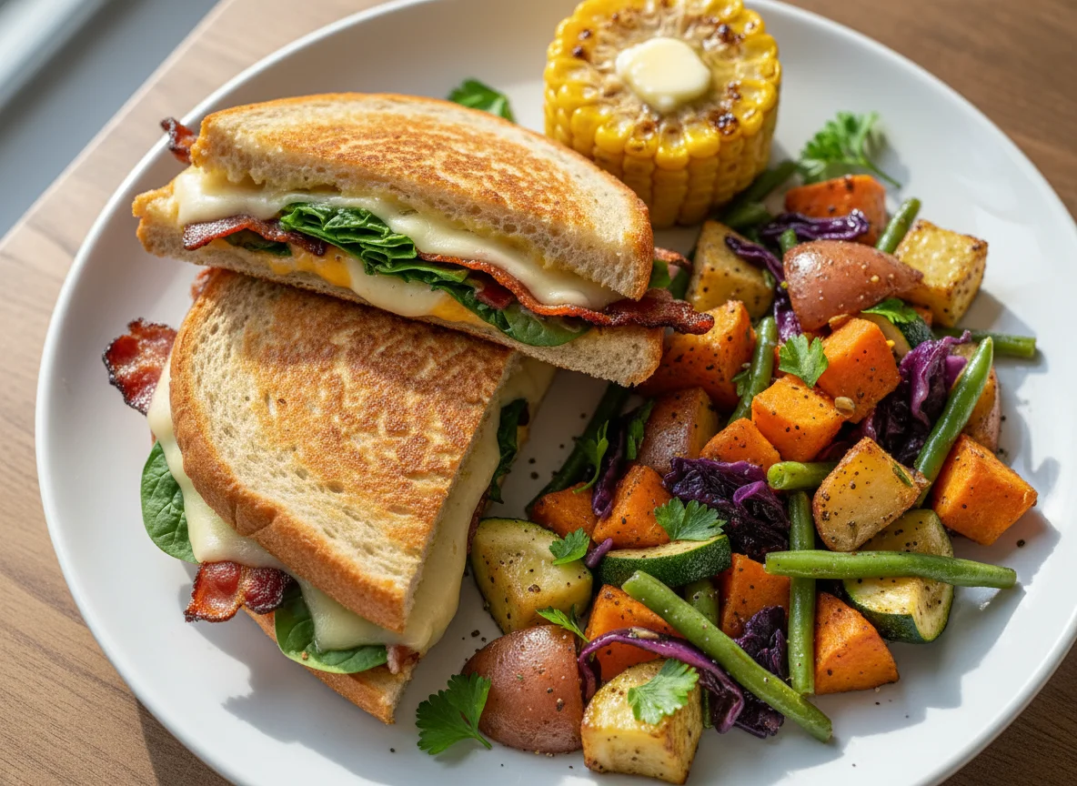 Bacon and Cheese Panini with Roasted Vegetables and Corn on the Cob photo