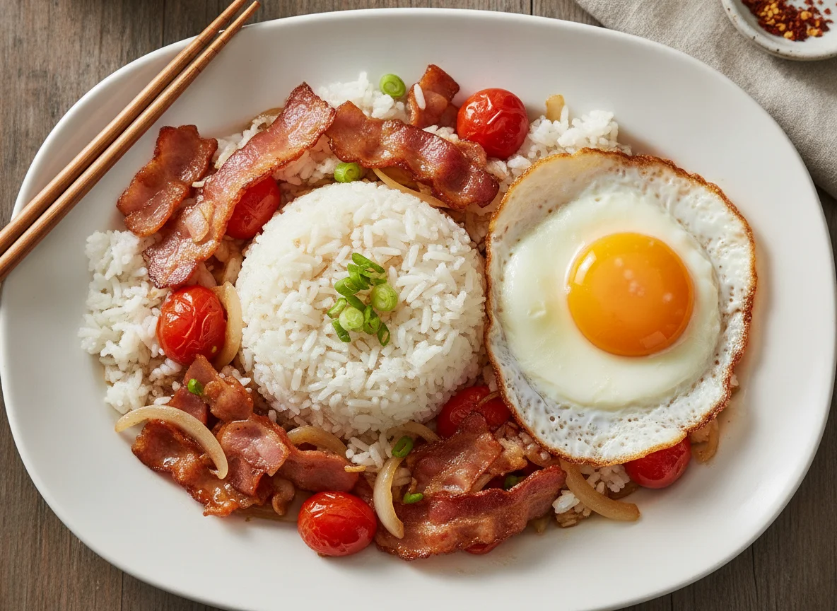 Bacon and Tomato Stir-fry with Rice and Egg photo