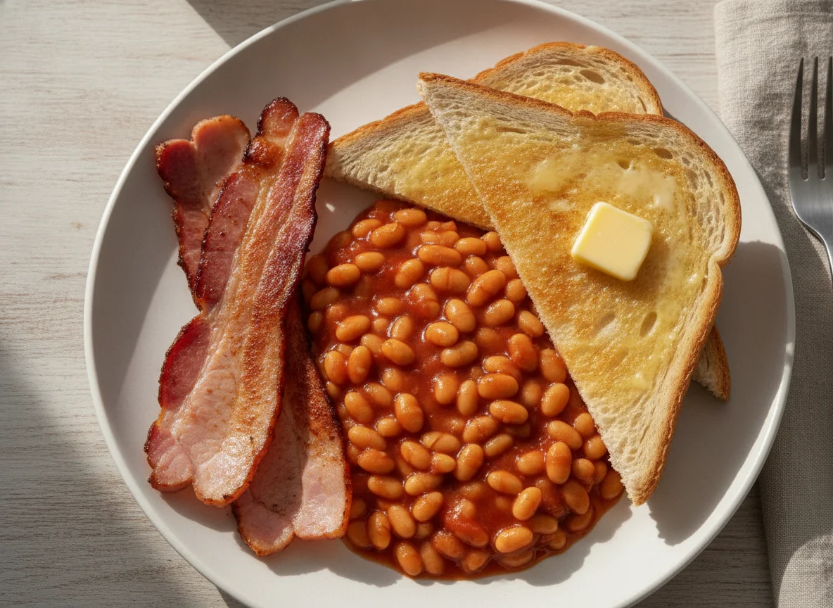 Bacon, baked beans and toast photo