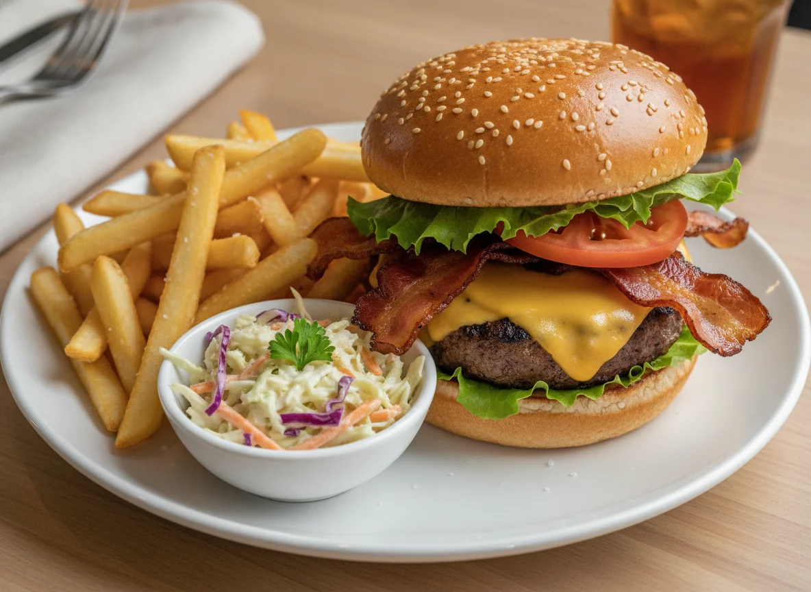 Bacon Cheeseburger with Chips and Coleslaw photo