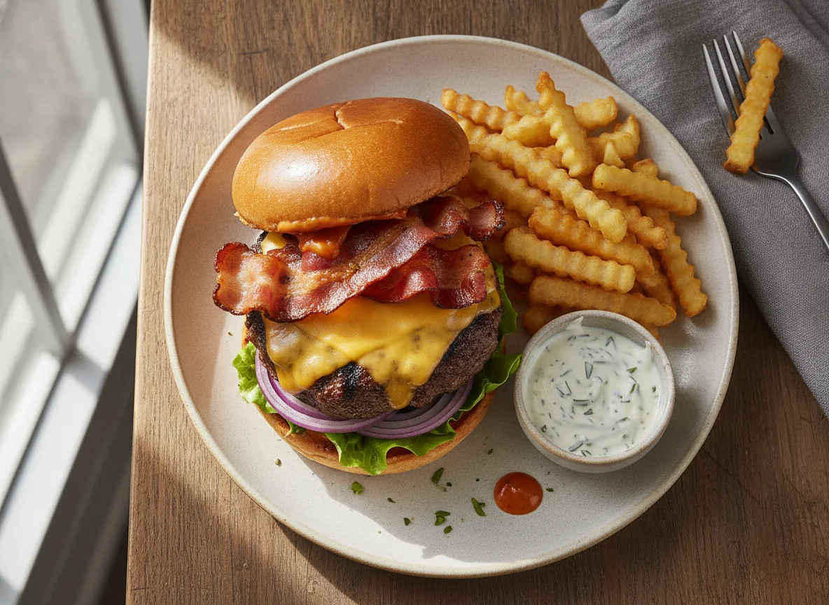 Bacon Cheeseburger with Crinkle Cut Fries and Garlic Aioli photo