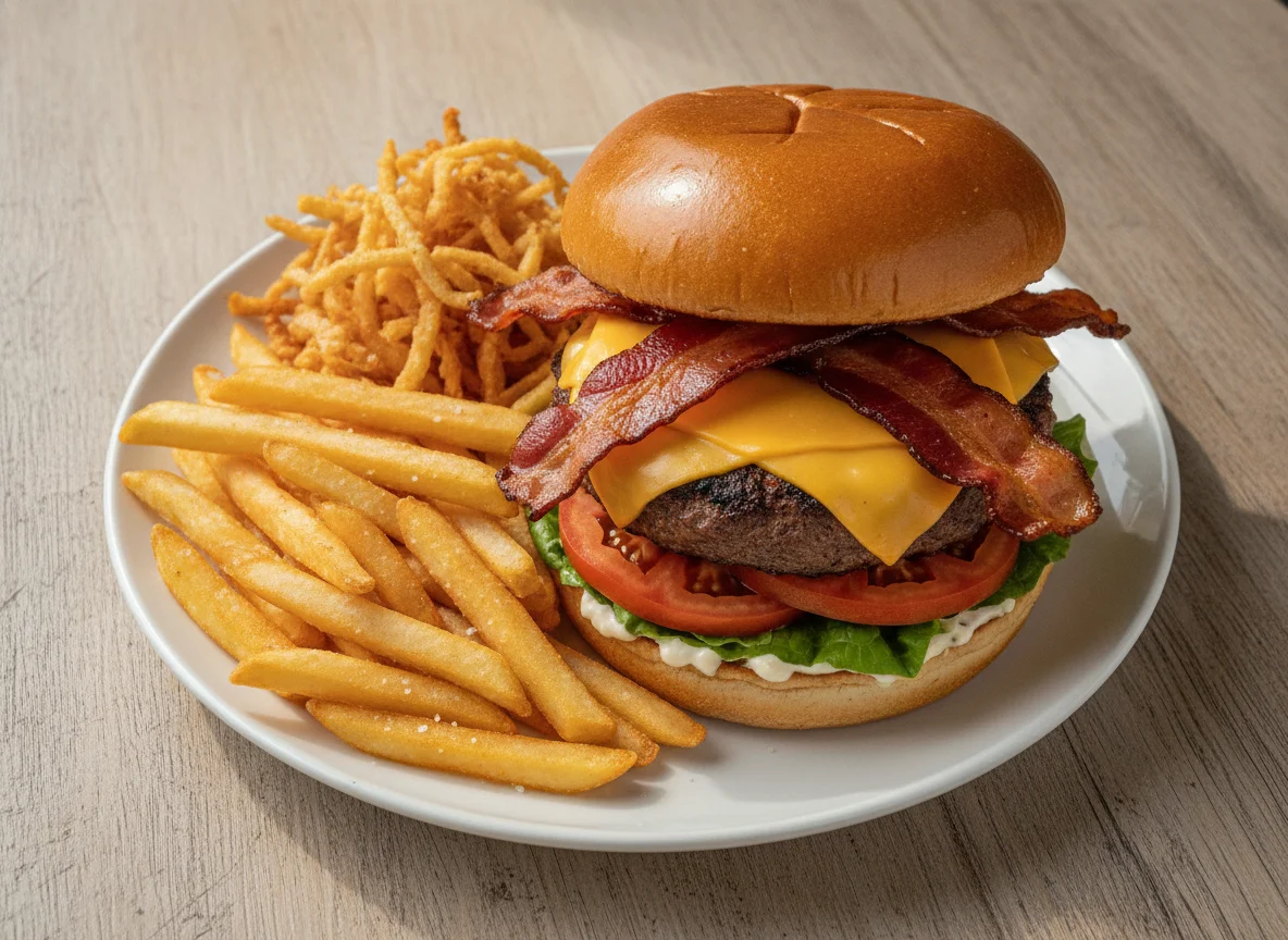Bacon Cheeseburger with French Fries and Fried Onion Straws photo