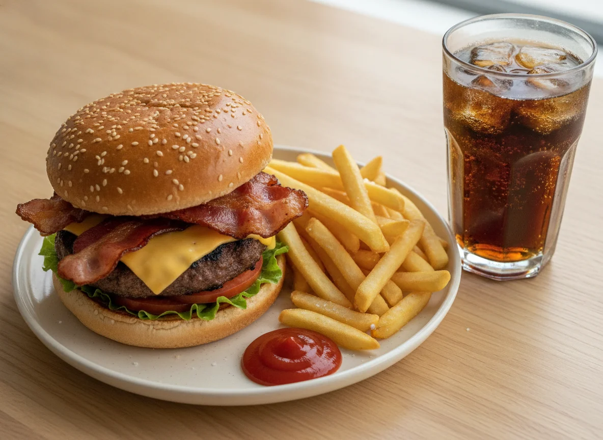 Bacon Cheeseburger with Fries and Cola photo