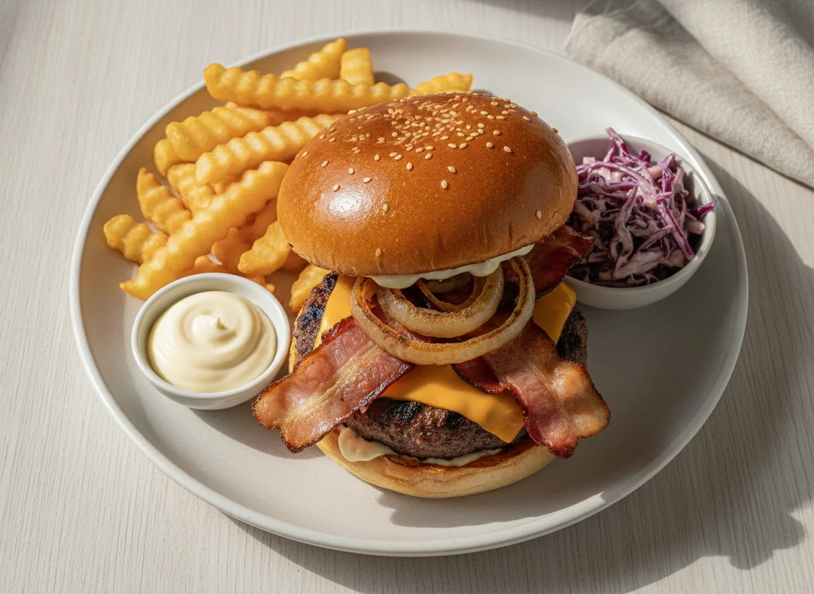 Bacon Cheeseburger with Fries and Coleslaw photo